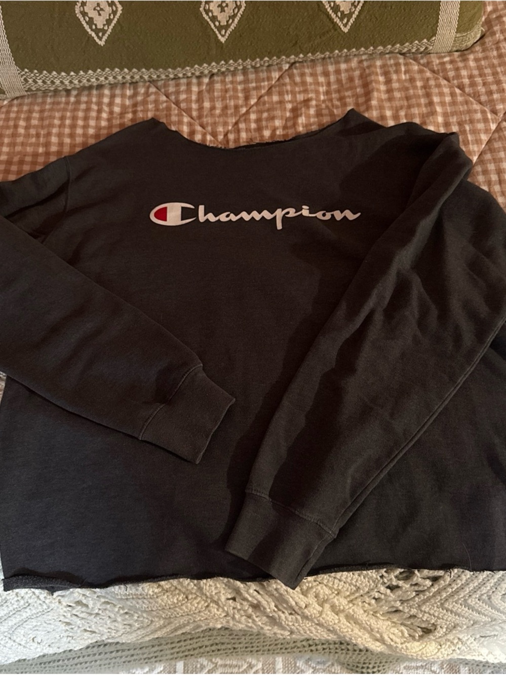Champion Black Crewneck with White Script and Red Logo